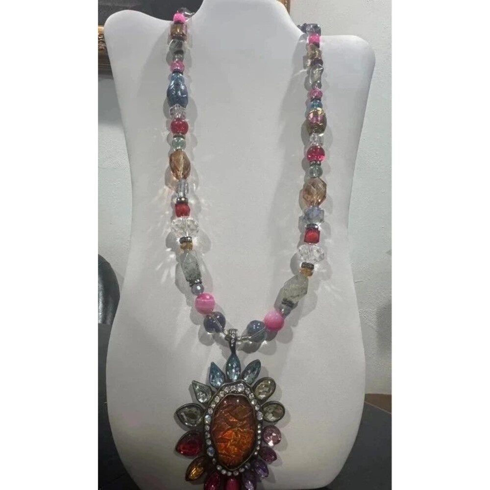 Vintage-Style Multicolor Beaded Statement Necklace with Large Rhinestone Pendant